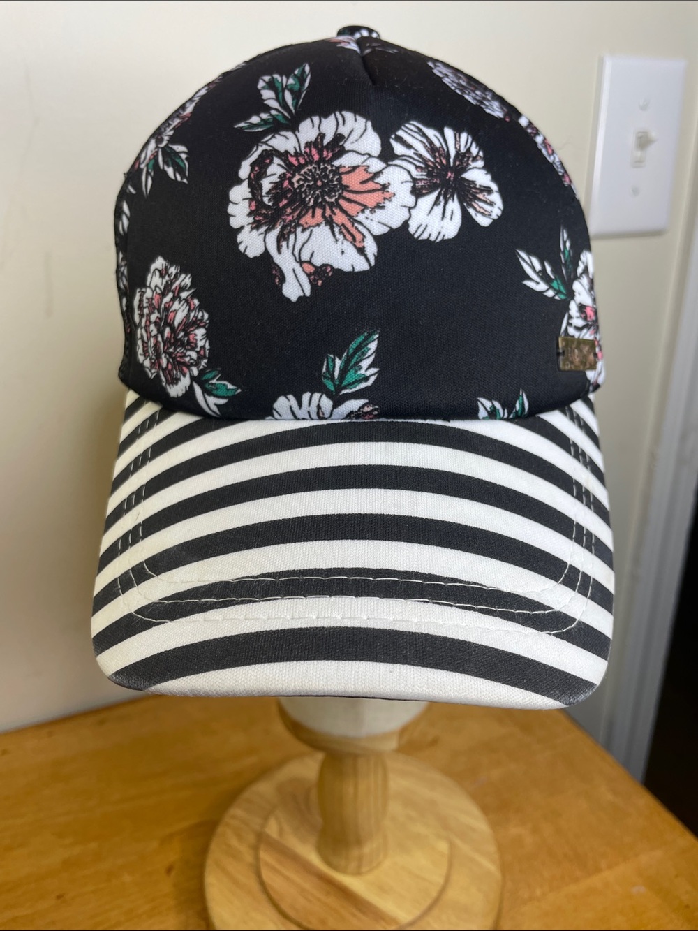 Roxy Black Floral Cap with Black & White Striped Brim